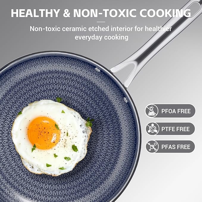 Ammeloo Hybrid Tri-Ply Stainless Steel Frying Pan Set, 8"/9.5"/11" Cooking Pans, Non Stick Frying Pans and Skillets, Chef Pan, Blue Interior, Non Toxic, Dishwasher Safe, Induction Compatible