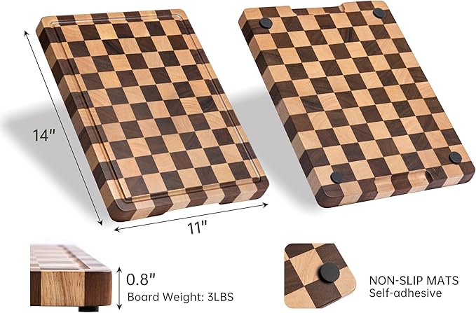 End Grain Cutting Boards for Kitchen, Wooden Cutting board, Acacia Wood Chopping Board with Juice Groove & Handle, Butcher Block for Meat, Bread & Fruit, 14"L x 11"W x 0.8"Th