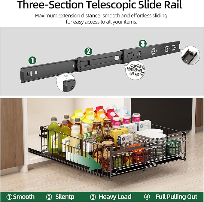 NETEL 2 Pack Expandable Pull Out Cabinet Organizer, Raised 6.69" guardrail, Adjustable Width 12.99"-20.07", 20.86" Depth Pull Out Cabinet Organizer, Adhesive Pull Out Drawers for Cabinets, Black