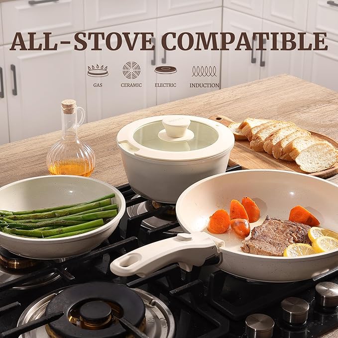 8pcs Ceramic Pots and Pans Set, Non Stick Cookware Set, Detachable Handle Cookware, Induction Kitchen Cooking Set with Removable Handle,Oven Safe, Induction Fast, Stackable Cookware Set