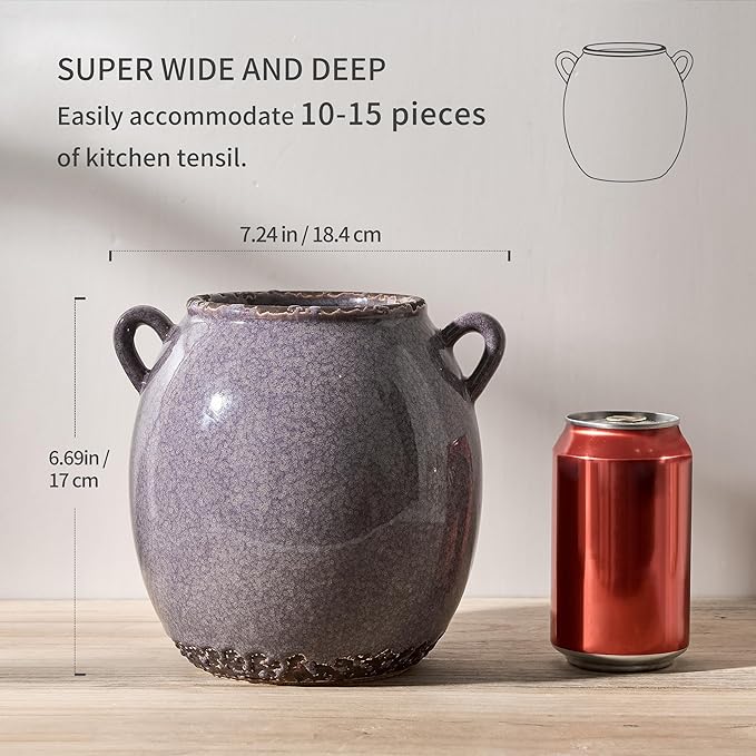 JIEMEI HOME Kitchen Utensil Holder with Handle, 6.69" Ceramic Farmhouse Stable Utensil Crock for Countertop, Cooking Tool Organizer with Cork Bottom, Spatula Holder For Kitchen Decor, Purple