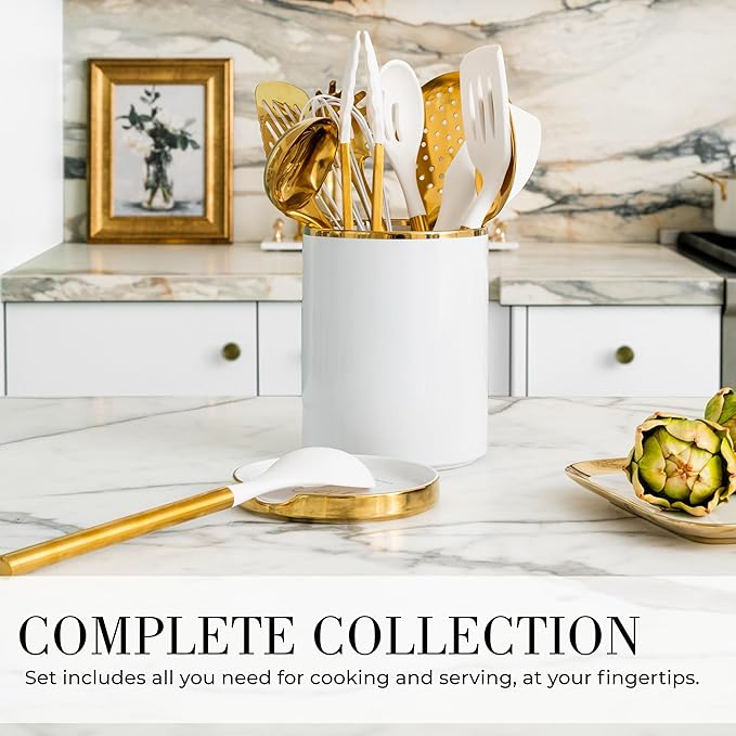 STYLED SETTINGS White and Gold Cooking Utensils Set – 13-Piece Set Includes Gold Kitchen Utensils, Ceramic Utensil Holder and Built-In Spoon Rest – Luxury Kitchen Accessories