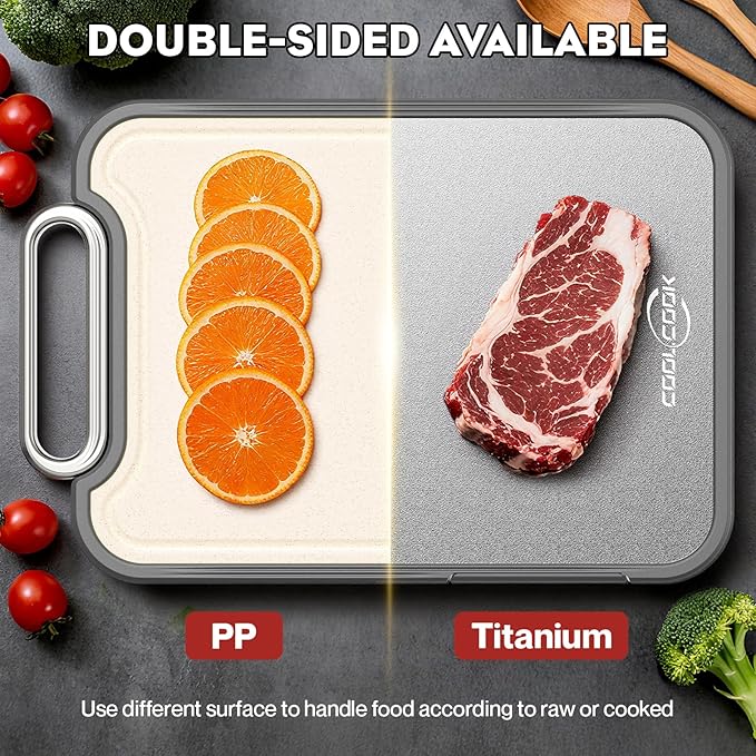 Titanium Cutting Board for Kitchen, 2-in-1 Double Sided Cutting Board, Pure Titanium & PP, Easy to Clean with Juice Groove