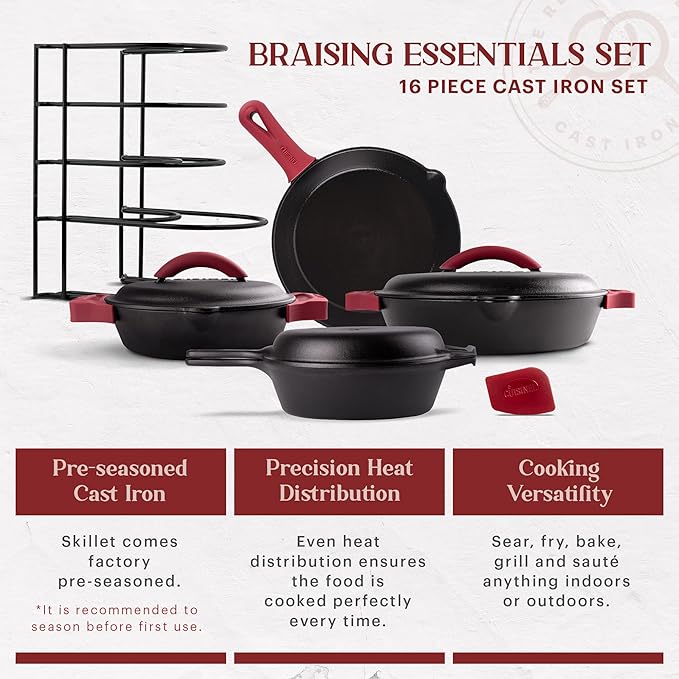 Cuisinel Cast Iron 16-Piece Pre-Seasoned Cookware Set - 8" + 12" Braiser Pans + Cast Iron Lids + 10" Skillet + 2-in-1 Multi-Cooker + 12" Organizer + Scraper + Silicone Handle Covers - Fire, Oven Safe