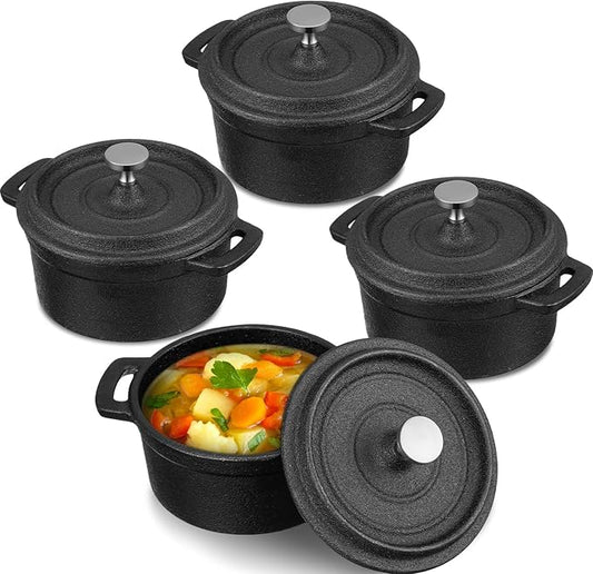 4 Pcs Mini Dutch Oven Small Round Iron Cocotte Black Dutch Oven Pot with Lid and Dual Handles Cast Iron Pot for Stovetop Use Marinate Cook Bake Refrigerate Garlic, Individual Servings(20 oz)