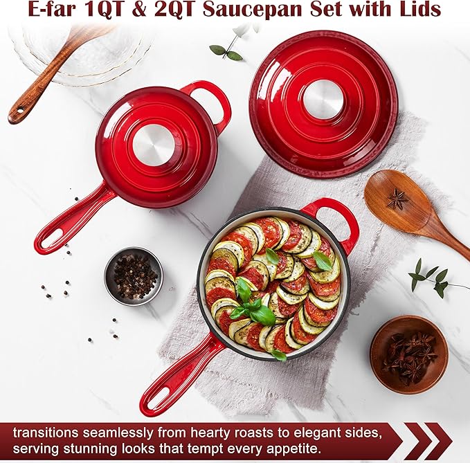 E-far Sauce Pan Set with Lid, 1Qt & 2Qt Enameled Cast Iron Pot Sets for Kitchen Cooking, Small Heavy Duty Dutch Oven Saucepans & Self-basting Lids, Induction-Ready & Easy Clean, Red