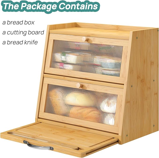 Large Bread Box for Kitchen Counter With Cutting Board, 2-Tier Bread Box, Bamboo Wood Large Capacity Bread Storage Bin with Acrylic Wavy Door Panel