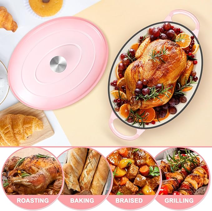 E-far 5QT Oval Dutch Oven Pot with Lid, Enameled Cast Iron Dutch Oven with Dual Handles, Heavy-Duty Cookware for Sourdough Bread Baking, Braising, Stews, Oven Safe & Easy Clean, Pink