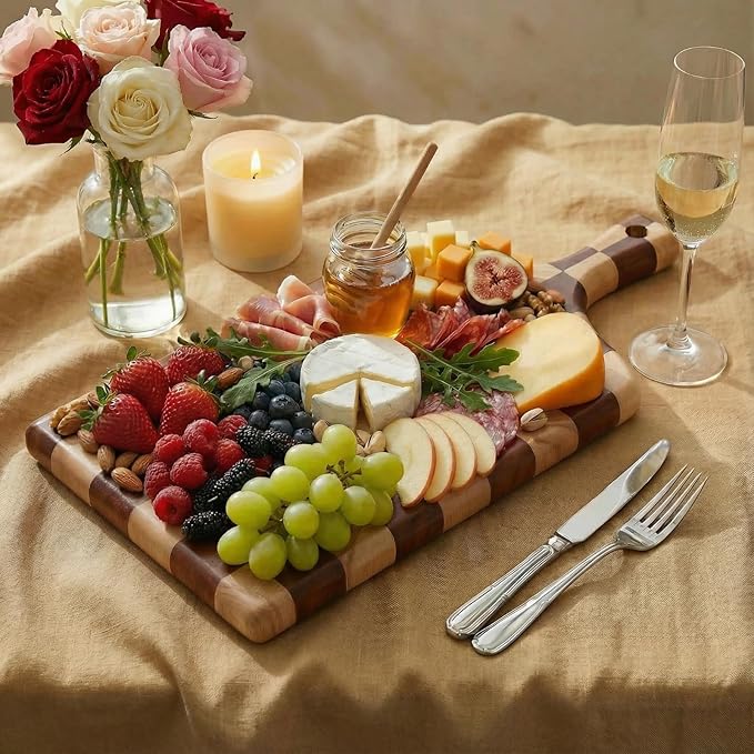 Checkered Rectangular Cutting Board with Handle for Kitchen, 15"L x 7"W x 1" Thick – Wooden Chopping & Charcuterie Serving Board in Acacia Wood for Meat, Bread, Fruit & Vegetables