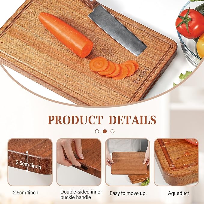 Solid Teak Wood Cutting Board One Piece Non Glued Large Thick Crack Resistant Wooden Chopping Board with DeepJuice Grooves Built in Handles for Kitchen Meat Vegetable 16.9x11.8 IN