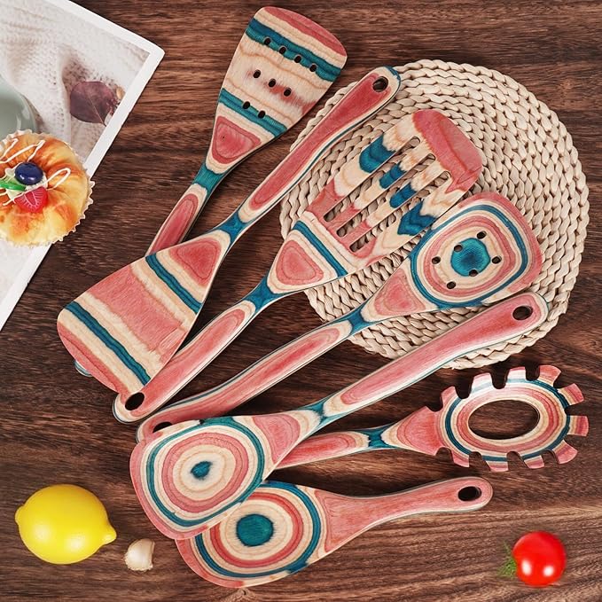 Wooden Spoons for Cooking – 7 Piece Pakkawood Kitchen Utensils Set with Spatulas, Spoons, Ladles, and Turner for Mixing, Serving & Cooking