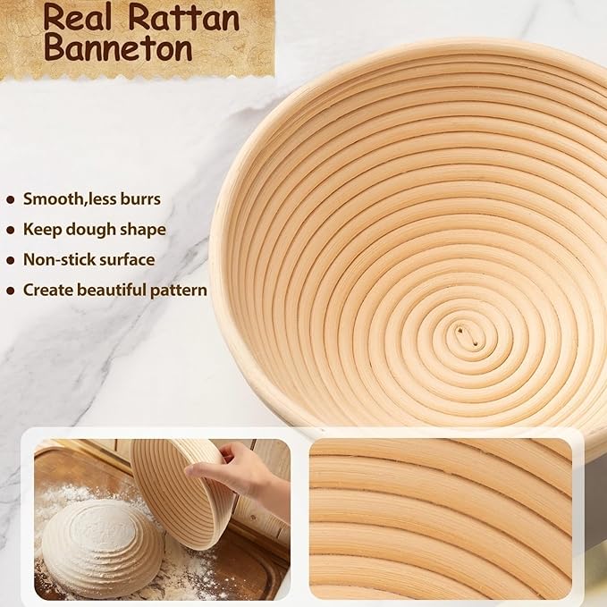 Sourdough Starter Kit, Sourdough Bread Baking Supplies, 9" Round & 10"Oval Rattan Banneton Bread Proofing Baskets Set, Bread baking tools,Silicone bread Sling