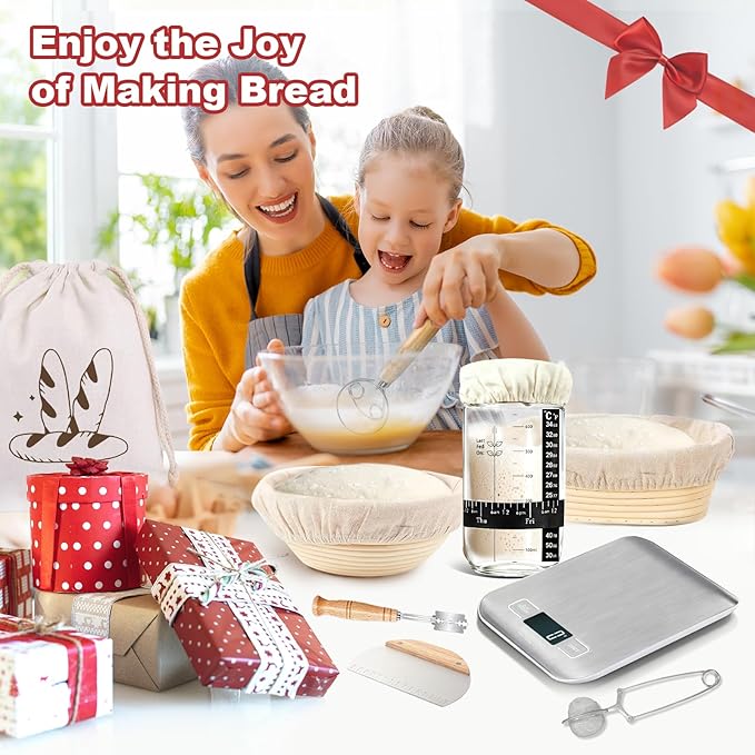 Sourdough Starter Kit with Scale, Glass Jar and Banneton Bread Proofing Basket - Complete Sourdough Bread Baking Supplies, Sour Dough Making Essentials Tools, Gift for Bakers Beiginner Women Wife Mom