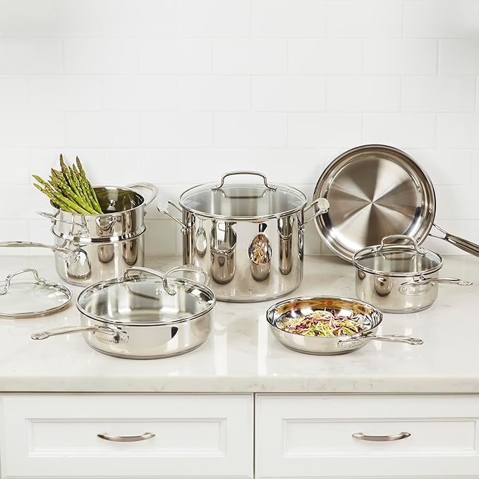 Cuisinart Chef’s Classic 11-Piece Stainless Steel Cookware Set, Pots and Pans Cooking Set with Aluminum Encapsulated Base to Heat Quickly and Evenly, Cool Grip Handles, Dishwasher Safe, 77-11G