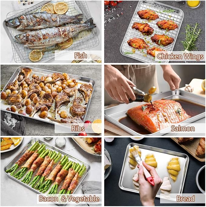 P&P CHEF 16 + 12.5 + 10.4 + 9 Inch Baking Sheet and Rack Set, 8Pcs Stainless Steel Cookie Sheets Oven Baking Pans Trays with Cooling Racks for Cooking, Oven & Dishwasher Safe, Pans with Grid Racks