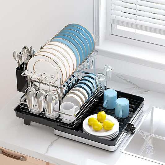 Pumokc Dish Drying Rack, Expandable Large Capacity 2 Tier Dish Drying Rack, Stainless Steel Dish Drainer with Utensil Holder, Adjustable Width for Kitchen Counter,Black