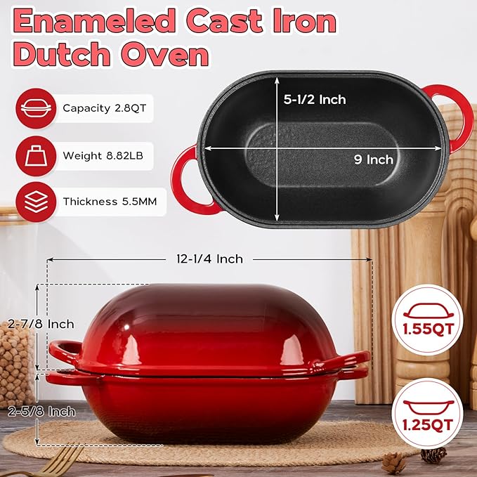 Onader Oval Dutch Oven for Bread Baking, 9x5-1/2 Inch Cast Iron Sourdough Bread Loaf Pan with Lid, Enameled Cast Iron Dutch Oven Pot, 2.8QT Meatloaf Pan, Heavy Duty - Red