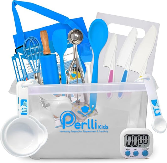 PERLLI Kids Real Cooking Set for Cooking and Baking – 31 Pc. Gift for Junior Chef with Real Utensils, Case & Safe Kids Knife Set for Boys & Girls – Fine Motor Skills & Fun for Children Ages 6+, Blue