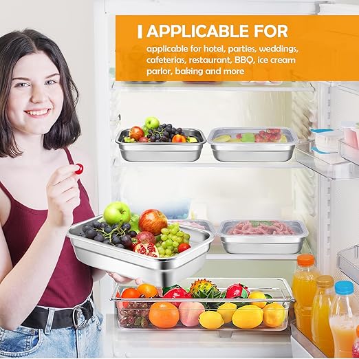 8 Pcs 304 Stainless Steel Food Storage Containers with Lid Hotel Pans for Kitchen Home Catering Food Prep Restaurant Buffet Hotel(2.5 Inch Deep)