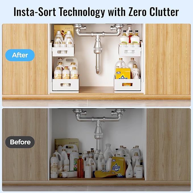 Under Sink Organizer, Bathroom Organizers and Storage, Cabinet Organizer Pottery Barn Furniture for Kitchen, Bathroom, Pantry, Laundry, Study, White，1XL, 2PCS