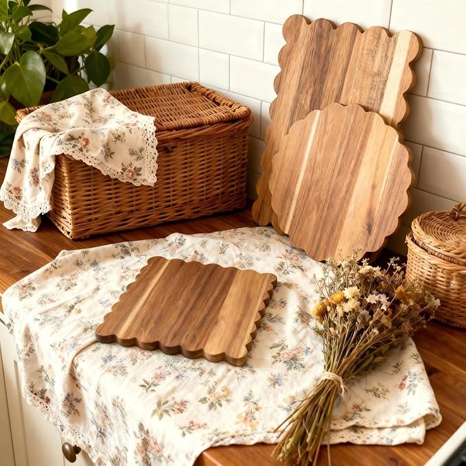 3 Pcs Acacia Wood Scalloped Cutting Boards Set, Decorative Cutting Boards Wooden Charcuterie Board for Grandmillenial Cottage Core Decor Kitchen Cheese Meat Fruit Bread Chopping Blocks