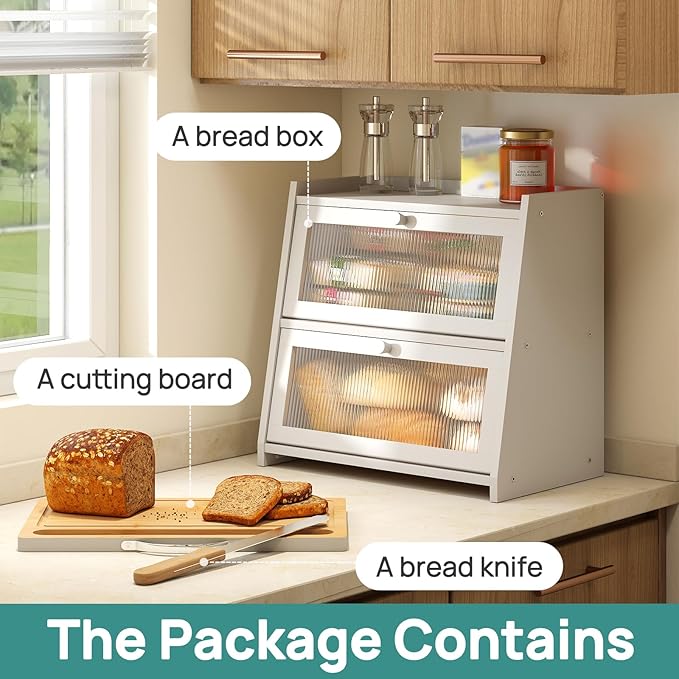 White Bread Box for Kitchen Counter With Cutting Board, 2-Tier Bread Box, Bamboo Wood Large Capacity Bread Storage Bin with Acrylic Wavy Door Panel