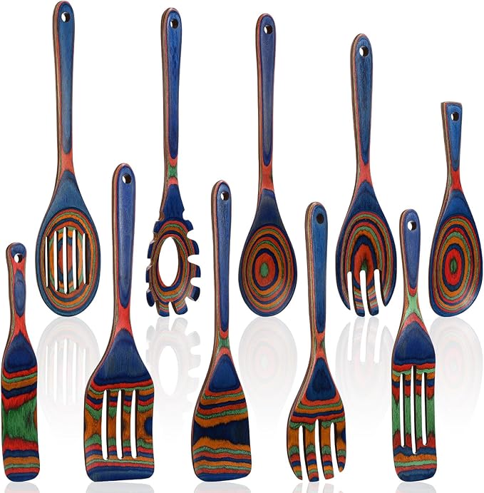 10 Pcs Pakkawood Kitchen Utensils Set Blue Rainbow Pakkawood Wooden Spoons for Cooking with Spatula, Slotted Turner, Rice Paddle Long Handle Non Stick Utensils Set for Household Women Gifts