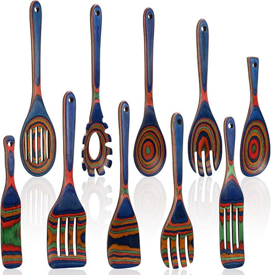 10 Pcs Pakkawood Kitchen Utensils Set Blue Rainbow Pakkawood Wooden Spoons for Cooking with Spatula, Slotted Turner, Rice Paddle Long Handle Non Stick Utensils Set for Household Women Gifts
