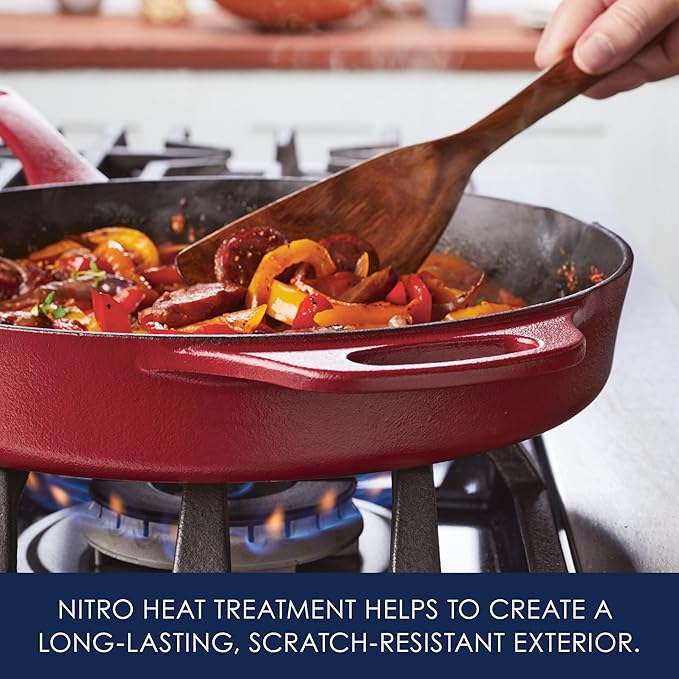 Rachael Ray NITRO Cast Iron Frying Pan/Skillet with Helper Handle and Pour Spouts, 12 Inch, Red