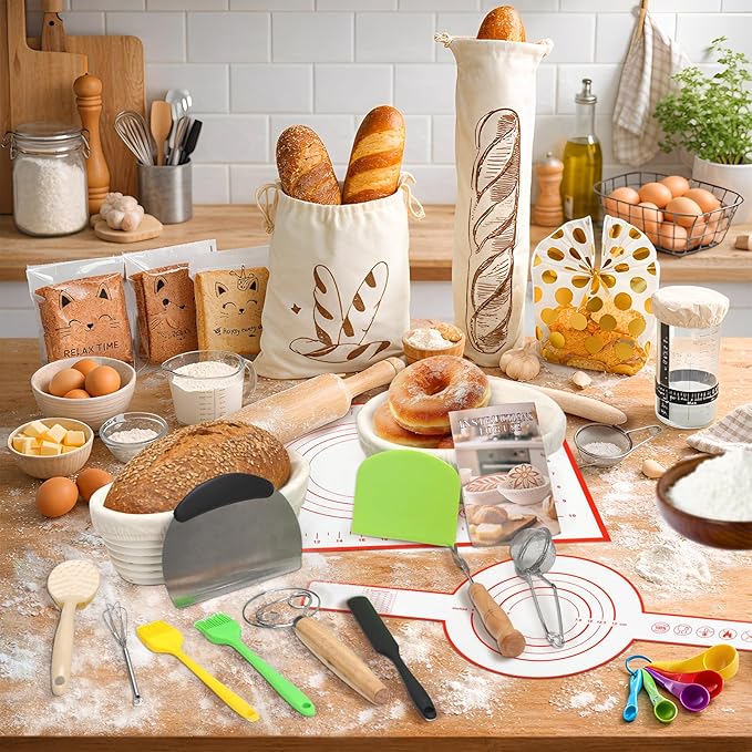 Sourdough Starter Kit Includes Round and Oval Proofing Baskets, Bread Hoops, Fermentation Jars, Dough Scrapers, Molds, and Storage Bags, A Complete Set of Bread Baking Tools (117PCS)