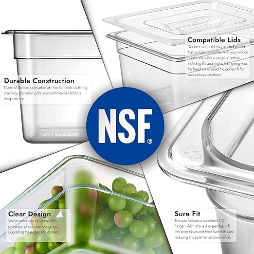 CURTA 6-Pack 1/2 Size 6" Deep NSF Polycarbonate Food Pans | Dishwasher & Freezer Safe Clear Container for Prep Tables, Buffet, Salad Bar, Commercial & Home Kitchen