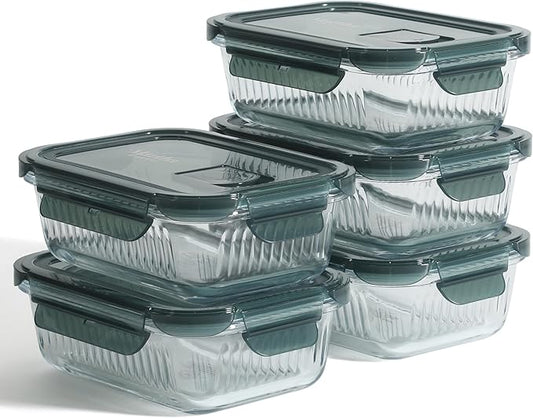 Martha Stewart Shadowbrook 5-Piece Borosilicate Glass Storage Container Set – Airtight Locking Lids, 21.6 oz Meal Prep, Leftover & Lunch Containers, Microwave, Oven & Dishwasher Safe