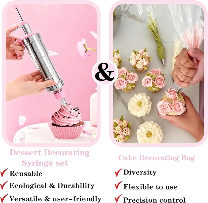 Gawren-H&E 208 PCS Cake Decorating Kit,Baking Supplies with Dessert Decorating Syringe Set,Storage Case,Icing Piping Bags and Tips Set,Frosting Fondant Bakery Set for Adults Beginners(Light Pink)