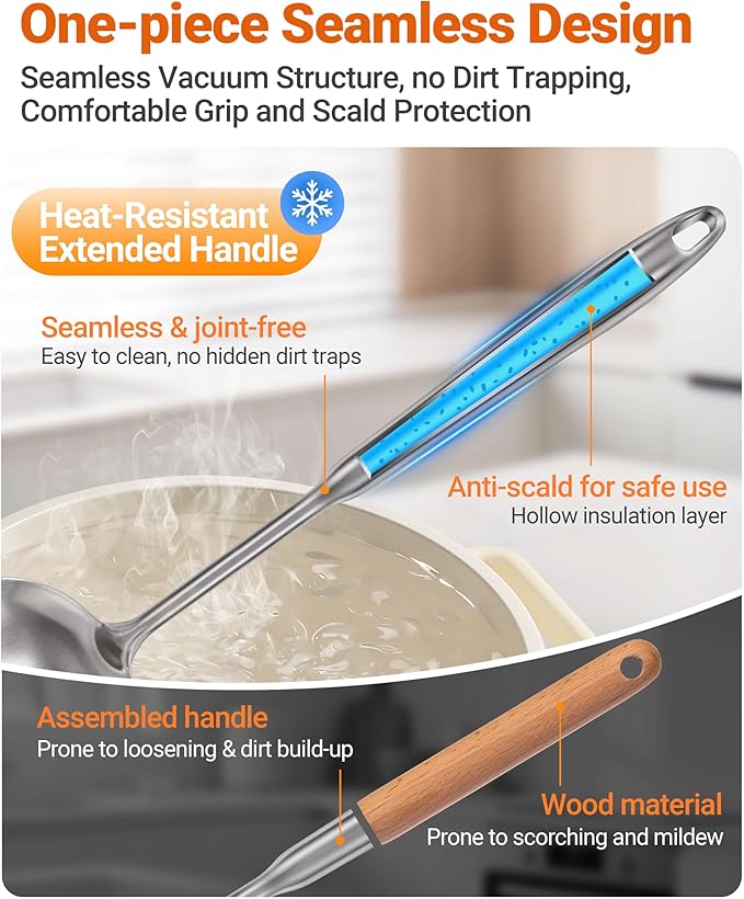 304 Stainless Steel Kitchen Utensils Set - 15PCS Long Metal Cooking Utensil Serving Utensils Set, Masher, Whisk, Turner, Serving Spoon, Fork, Tongs, Skimmer, Ladle, etc (Dishwasher Safe)