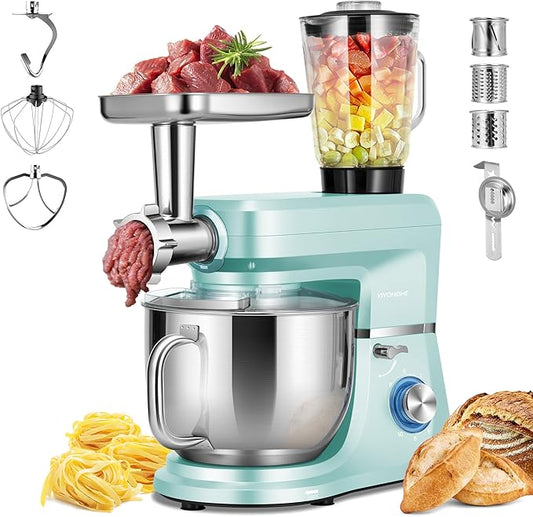 VIVOHOME 6-in-1 Stand Mixer, 8.5 Quart Electric Tilt-Head Kitchen Mixer with Bowl, Multifunctional Food Mixer for Cake, Bread, and Dough, with Meat Grinder, Blender, Pasta Maker Attachments, Blue