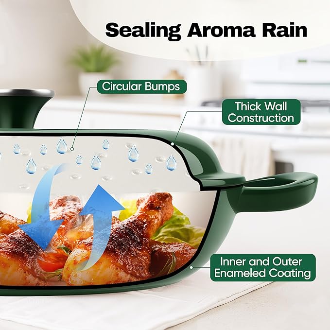 3 Quart Enameled Cast Iron Braiser, Non Stick Enameled Cast Iron Skillet with Lid, Dutch Oven Skillet with lid up to 500°F for Oven, Stove, Grill, Shallow Dutch Oven for Cook, Bake (Green)