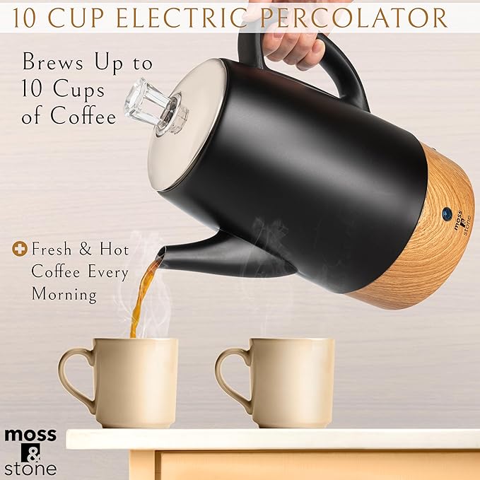 Moss & Stone 10 Cup Black Percolator Coffee Pot Electric, Stainless Steel Coffee Percolator Electric With Keep Warm Function, Classic Perculator Pot With Removable Basket for Home or Office