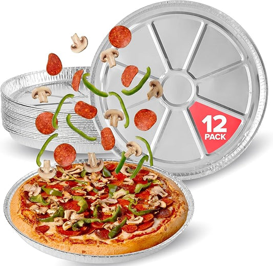 Stock Your Home 12 Inch Aluminum Pizza Pans Disposable (12 Pack) Round Foil Focaccia Pan for Individual Personal Pizzas, Giant Size Chocolate Chip Cookie Cake Tin, Large Serving Trays, Platter Tray