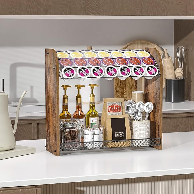 K Cup Holder - 2-Tier K Cup Organizer, Metal Coffee Pod Holder for Counter, Easy Assembly (Rustic Brown)