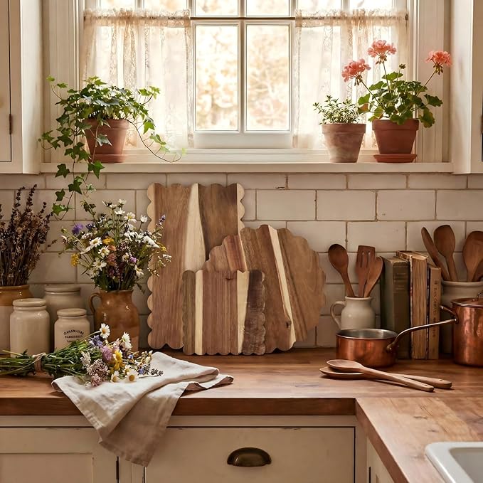 3 Pcs Acacia Wood Scalloped Cutting Boards Set, Decorative Cutting Boards Wooden Charcuterie Board for Grandmillenial Cottage Core Decor Kitchen Cheese Meat Fruit Bread Chopping Blocks