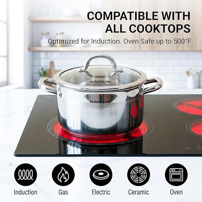 Sunhouse Professional 3.5-Quart Whole-Clad Multi-Ply Stainless Steel Stock Pot with Lid - Premium 18/10 - Induction Ready, Oven Safe Dishwasher Safe Cooking Pot