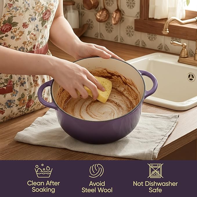 Vintage Style 4.5 Quart Dutch Oven Pot with Lid, Non Stick Enameled Cast Iron Dutch Oven for Bread Baking, Heavy-Duty, Oven Safe Ceramic Cookware Up to 500°F for Baking, Braising, Stews, Roasting, Purple