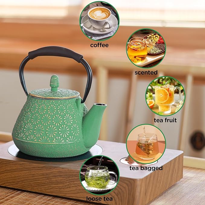 Cast Iron Teapot, 32oz Japanese Sakura Blossom Pattern Tea Kettle, Stovetop Safe, Infuser for Loose Leaf & Coffee, Silicone Handle, Enamel Interior, 950ml Green