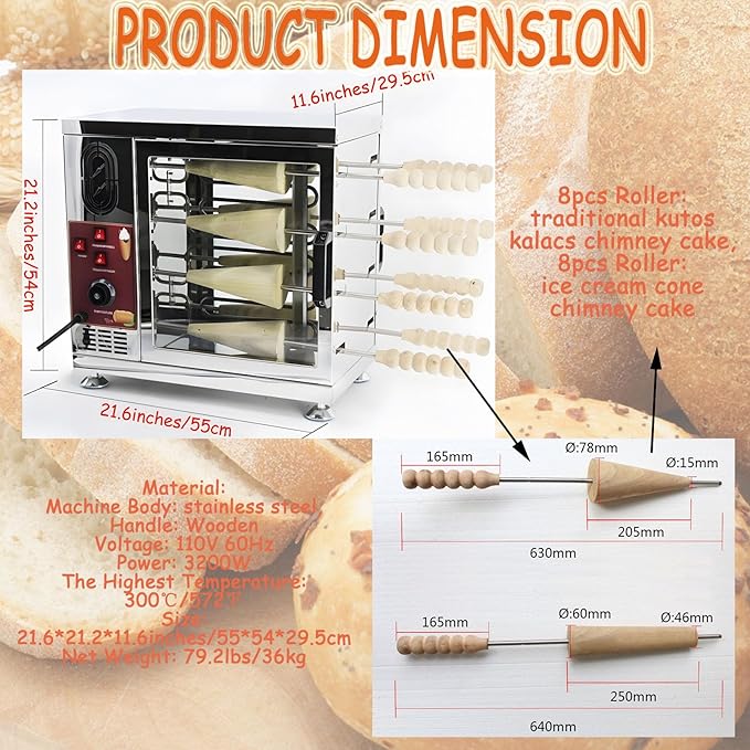 Commercial Electric Chimney Cake Oven Machine 3.2KW 110V Heavy-Duty Chimney Bread Cake Oven with 16 Non-Stick Baking Molds for Ice Cream Cones, Bread Rolls, Pastries Professional & Home Use