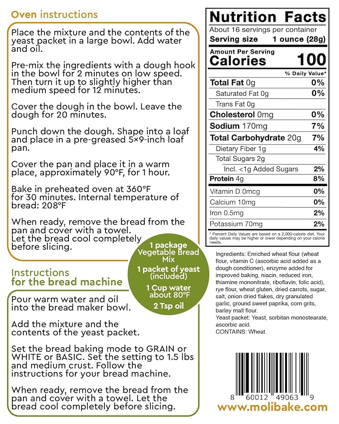 Molibake Vegetable Bread Mix – Pack of 2 – 15 oz – Savory Baking Mix with Carrots, Onion, Garlic & Paprika – All-Natural Artisan Mix for Bread Machine and Oven – Garden-Inspired Flavor – Easy-to-Use Homemade Baking Mix