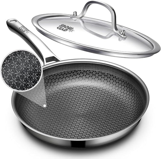 Non Stick Frying Pans 12 inch, Hybrid Improved Version Frying Pans Nonstick with Lid,non stick Stainless Steel Skillets, Dishwasher and Oven-Safe Chef Pan, PFOA Free Cookware