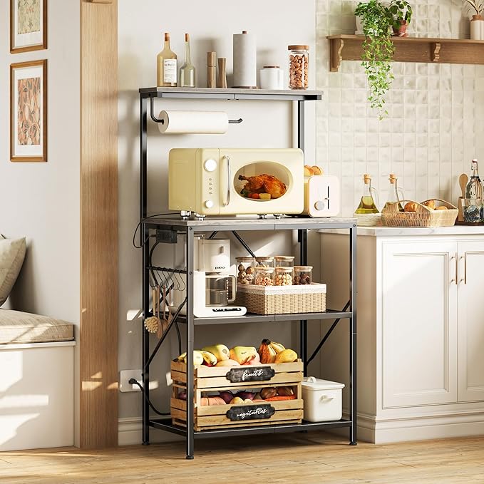 Huuger 4-Tier Bakers Rack with Reversible Power Outlet, 23.6 Inch Microwave Stand, Kitchen Coffee Bar, with Top Shelf, 6 S Hooks, Oak