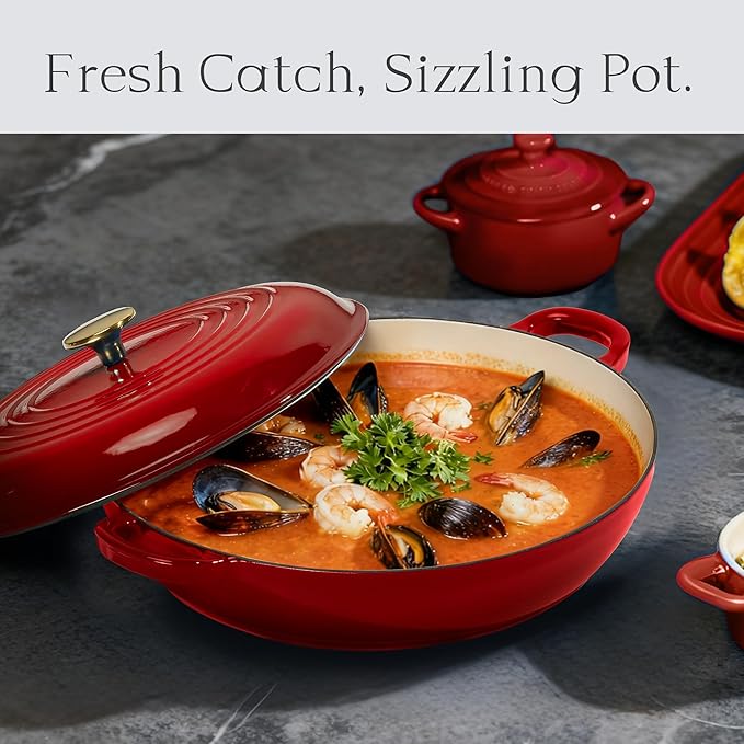 CAROTE 3.4QT Enameled Cast Iron Braiser Pan, Shallow Dutch Oven Casserole Skillets, Non-Toxic Cast Iron Pot with Lid for Grilling, Searing, Baking, Dual Handles, All Stovetop Compatible, Red