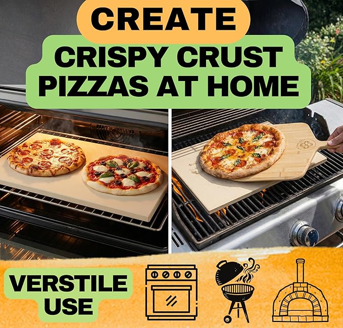 Large Pizza Stone for Oven 20 inch - Pizza Making Kit - Rectangular Pizza Stone for Grill and Wooden Pizza Peel, Dough Tool & Pizza Cutter Set - Baking Stone 20" x 13.5"