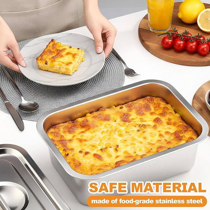 2 Pack 4 Inch Extra Deep Lasagna Baking Pan with Lid, 11.8"x15.7" 9.2qt&11"x14.2" 7.4qt Rectangular Large Stainless Steel Nonstick Lasagna Roasting Pans Set Deep Baking Dishes for Oven